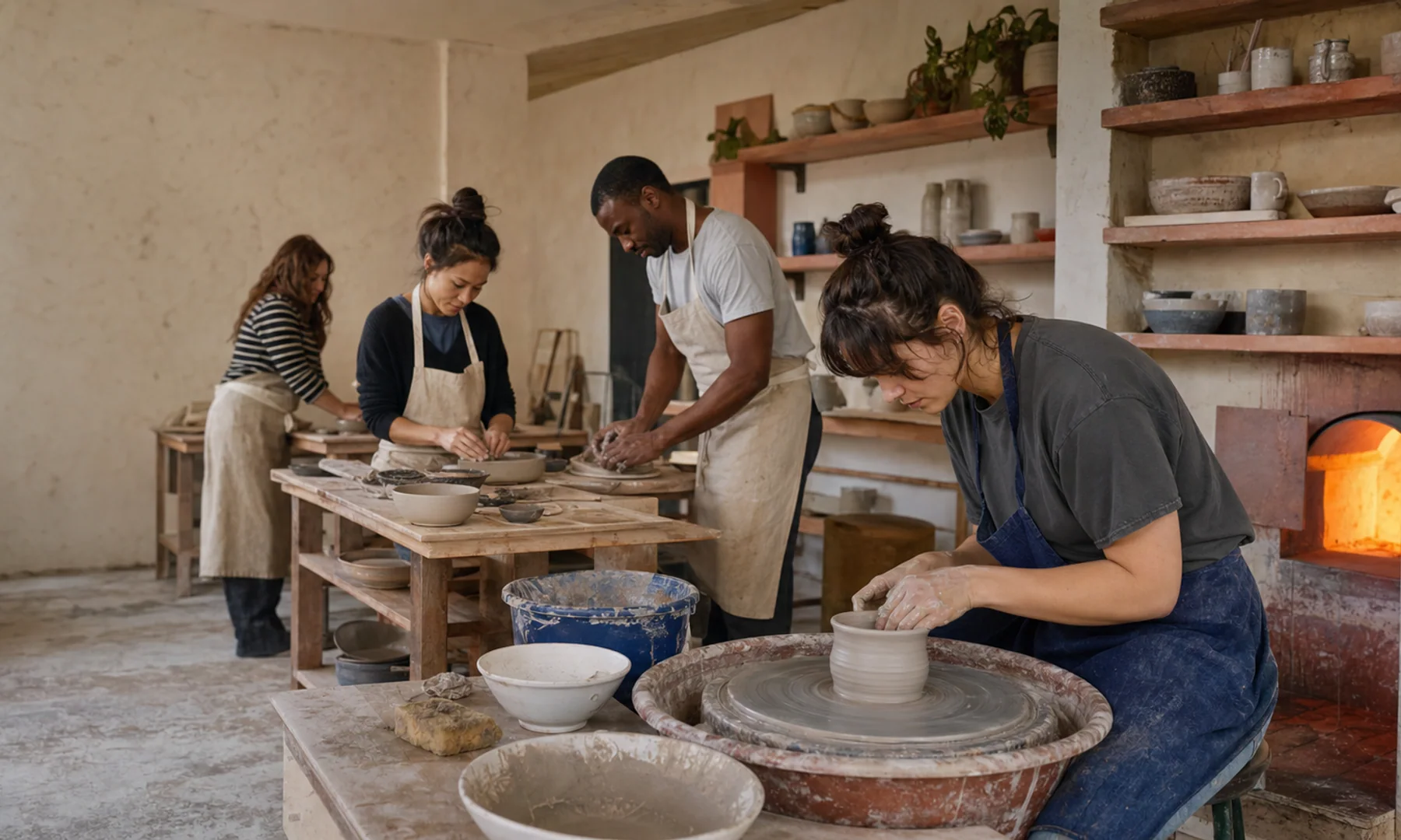 Adults learning different pottery techniques together in the studio